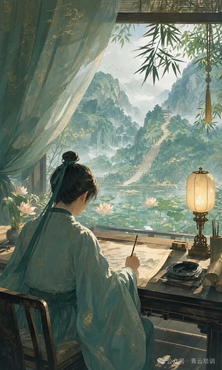 灯下执笔远山青云